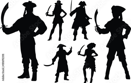 Set of black pirate silhouettes with swords, men and women in various poses, cad drawing flat vector illustration, isolated on white background.