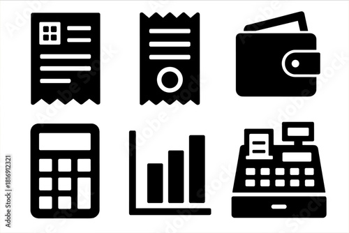 Bold Finance Icons. Cash Flow Management silhouette icon set. invoice, receipt, wallet, calculator, chart, cash register
