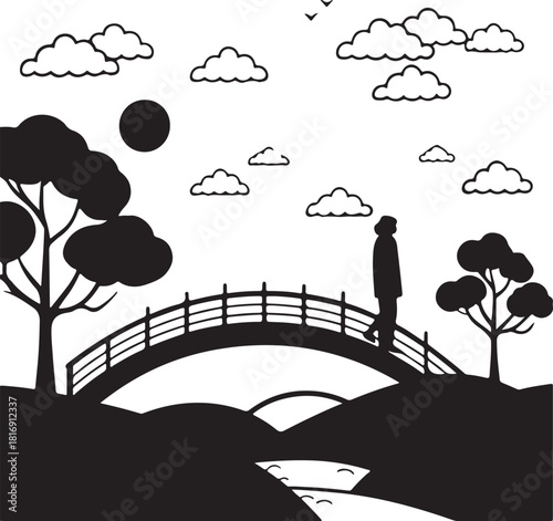Silhouette of a lone figure crossing a bridge under a full moon and clouds Keywords: silhouette, bridge, moon, clouds, sky, landscape, nature, solitary, walking, crossing, arch bridge, trees