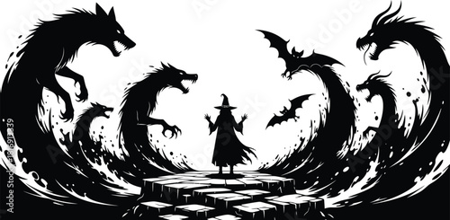 Silhouette of a powerful sorcerer or witch summoning dark creatures like wolves and dragons from swirling waves in a dramatic, highcontrast black and white illustration