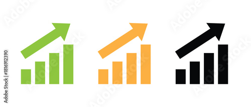 Growth chart icon set in green, orange and black showing rising bar graph and upward arrow trend.