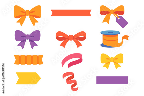 Colorful Ribbon Icons. Gift Ribbon Elements flat icon set: gift bow, wrapping ribbon, tag-attached ribbon, double-loop bow, knotted tie, ribbon spool, pleated strip, ribbon twist