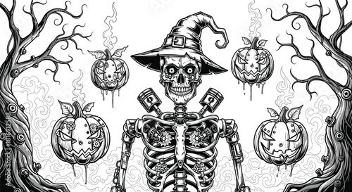Spooky black and white illustration of a skeleton wearing a witch hat, surrounded by floating carved pumpkins or jackolanterns, set between two gnarled, dead trees, creating a creepy, vintage horror a