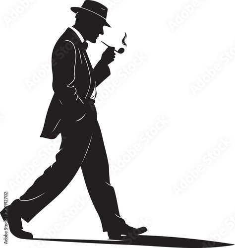 Silhouette of a man in a suit and hat smoking a pipe while walking person human