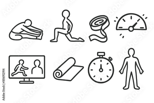 Mobility Exercise Icons. Mobility Exercises set of icons in doodle hand-drawn vector style: floor stretch, lunging pose, yoga strap, flexibility gauge, guided session icon