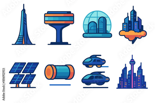 Futuristic Icon Set. Future Architecture flat icon set: mega tower, suspended platform, smart glass dome, sky city, solar panels, transport tube, hover vehicles, neon skyline
