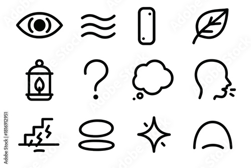 Icons of Inner Doubt. Inner Doubt linear icon set: worried eye, gentle ripple, hesitation bar, fragile leaf, soft lantern, uncertain curve, pondering bubble, dim breath icon, shaky