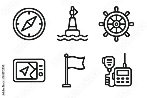 Marine Navigation Icons. Marine Navigation linear icon set. compass, buoy, steering wheel, GPS screen, flag, radio