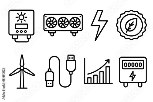 Sustainable Mining Icons. Sustainable Mining Setup linear icon set. solar inverter, GPU rig, lightning bolt, eco badge, windmill, data cable, chart, energy meter