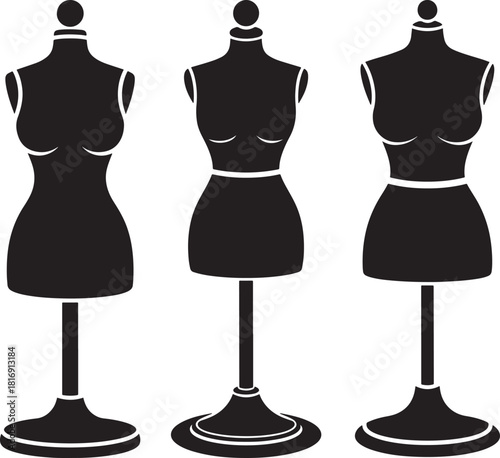 Three black dressmaker mannequin silhouettes