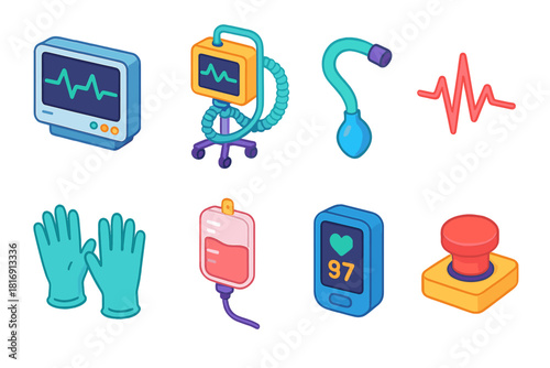 Medical Equipment Icons. Life Support Systems flat icons set. ECG monitor, ventilator, airway tube, heartbeat line, gloves, IV bag, pulse oximeter, emergency button