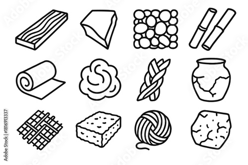 Earth Material Icons. Earth-Derived Materials linear icon set: cedar strip, terracotta shard, pebble tile, bamboo slat, cork roll, wool roving tuft, natural fiber braid, lime