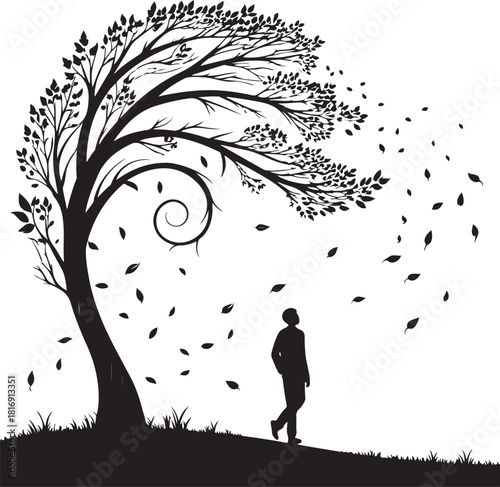 Silhouette of a man walking under a stylized tree with swirling branches and falling leaves vector illustration