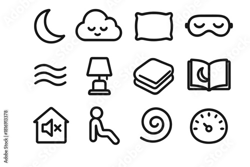 Sleep Comfort Icons. Sleep Comfort Icons linear icon set: crescent moon, resting cloud, soft pillow, sleep mask, calm breath wave, nightlight glow, cozy blanket fold, bedtime book