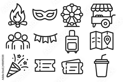 Festival Icons Ensemble. Seasonal Event Tourism linear icon set: bonfire, carnival mask, ferris wheel, street food, music band, crowd, flag banner, travel bag, map, confetti popper