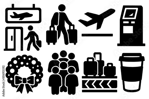 Holiday Travel Icons. Airport Holiday Rush silhouette icon set. boarding gate, traveler with bags, plane taking off, check-in kiosk, holiday garland, busy crowd, luggage carousel