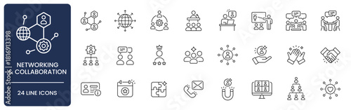 Networking and Collaboration Line Icon Set with Editable Stroke. Collection of teamwork, partnership, communication, mentoring, negotiation, remote work, public speaking, and community symbols.