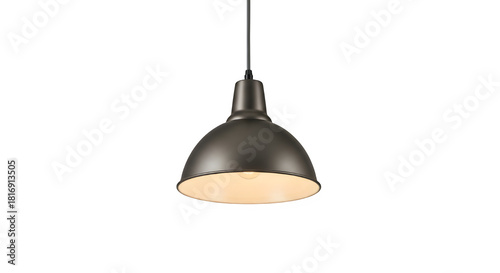 Modern industrial style pendant light fixture with a dark metallic dome shade, isolated on transparent background