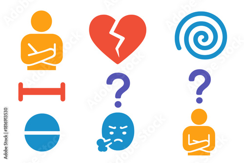 Emotional Opposition Icons. Emotional Opposition Elements flat icon set: crossed arms, hardened heart, tense swirl, hesitation mark, boundary line, sharp breath, guarded stance