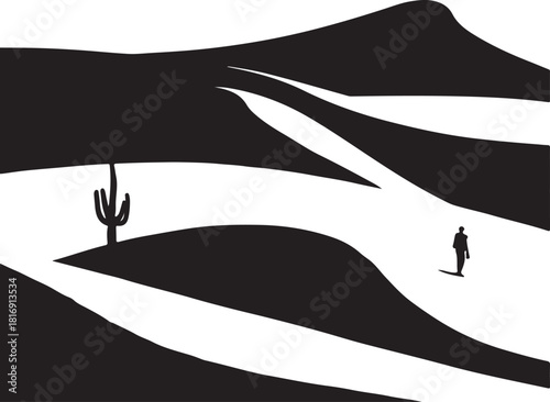 Silhouette of a person at a crossroads in a desert landscape with a saguaro cactus Keywords: silhouette, person, crossroads, desert, landscape, cactus, saguaro, path, choice, decision, journey