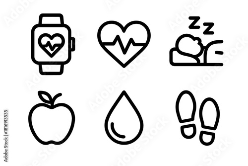 Wellness Monitoring Icons. Wellness Monitoring linear icon set: smartwatch, heartbeat, sleep icon, nutrition symbol, droplet, step counter
