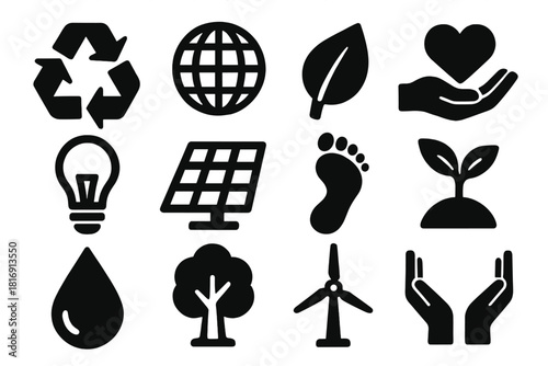 Bold Sustainability Icons. Sustainability symbols silhouette icon set. recycling loop, globe, leaf, hand with heart, light bulb, solar panel, footprint, sprout, water drop, tree