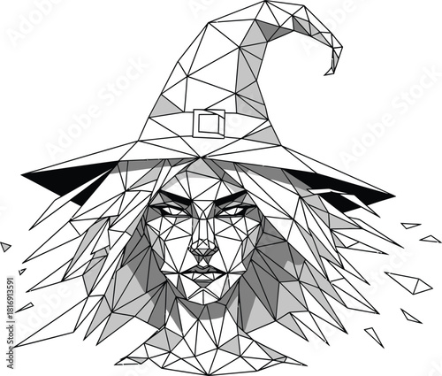 Low poly geometric illustration of a mysterious witch face wearing a pointed hat, rendered in a fragmented, abstract polygonal style, isolated on white background