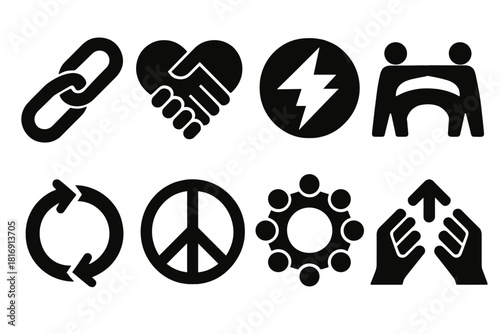 Unity Icon Collection. Unity & Cooperation silhouette icon set: linked chain, heart handshake, shared energy, teamwork bridge, synchronized arrows, peace symbol, community circle