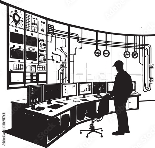 Silhouette of a person in a control room with monitors and equipment Keywords: control room, technology, computers, monitors, consoles, screens, technology, industrial, engineering, science, data