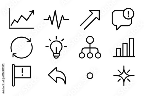 Dynamic Data Icons. Real-Time Data Actions linear icon set: live chart, pulse indicator, rapid arrow, notification bubble, update cycle, insight beam, quick decision node, dynamic