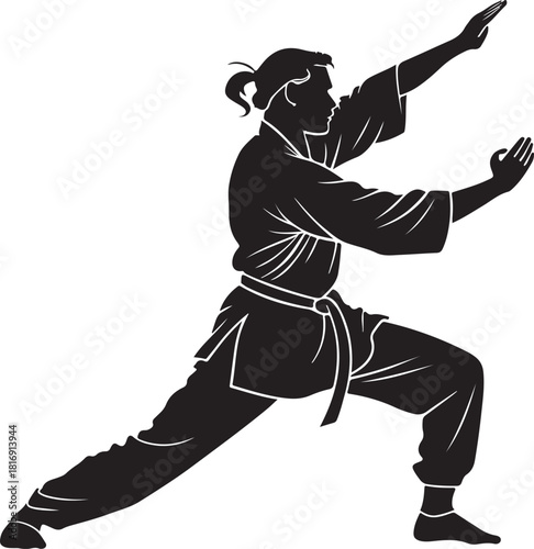 Silhouette of a person in a karate stance with a black gi and belt Keywords: karate, martial arts, silhouette, person, stance, gi, belt, fighter, warrior, discipline, strength, power, combat