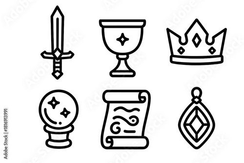 Mythic Relic Icons. Mythic Relics linear icon set: enchanted sword, golden chalice, ancient crown, crystal orb, magic scroll, jeweled amulet
