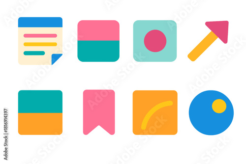Minimalist Day Planner Icons. Flexible Day Plan flat icon set: shifting schedule card, modular task tile, focus dot, guided arrow, time block, priority tab, adaptive curve, daily