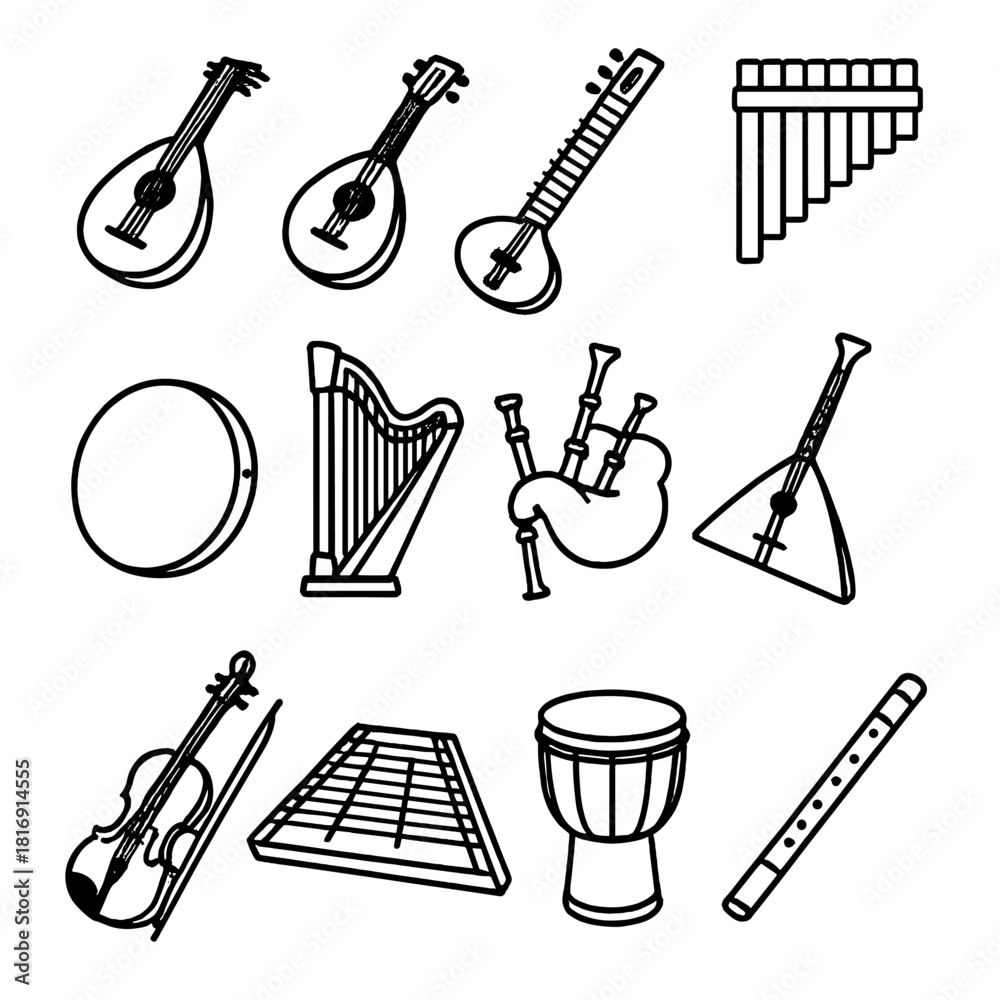 Obraz premium Traditional Instrument Icons. Traditional folk instruments linear icon set. lute, mandolin, sitar, pan flute, bodhrán drum, harp, bagpipe, balalaika, fiddle, dulcimer, hand drum