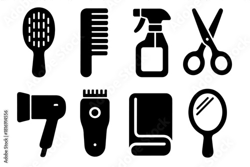 Salon Icon Set. Salon Tools Collection silhouette icon set: hairbrush, comb, spray bottle, scissors, hair dryer, clipper, towel, mirror