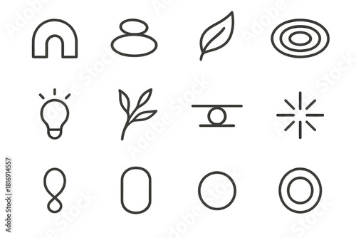 Nature Balance Icons. Nature-Inspired Balance Collection linear icon set: organic arc, pebble pair, leaf sweep, water ripple, warm light, grounded branch, balance bar, subtle spark