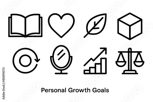 Personal Growth Icons. Personal Growth Goals linear icon set: open book, heart symbol, wellness leaf, skill cube, habit loop, reflective mirror, growth arrow, balanced scale