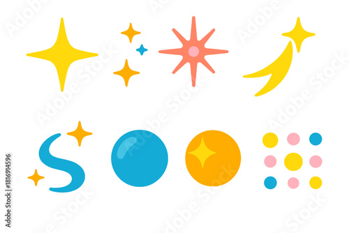 Vibrant Sparkle Icons. Radiant Sparkle Pack flat icons set. shining star, glowing dust, sparkle burst, light trail, glitter swirl, shimmer orb, flare circle, radiant dots