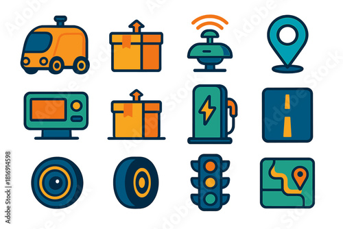 Futuristic Delivery Pods. Self-Driving Delivery Pods flat icon set: autonomous pod, delivery box, sensor radar, GPS signal, control screen, package icon, charging station, street