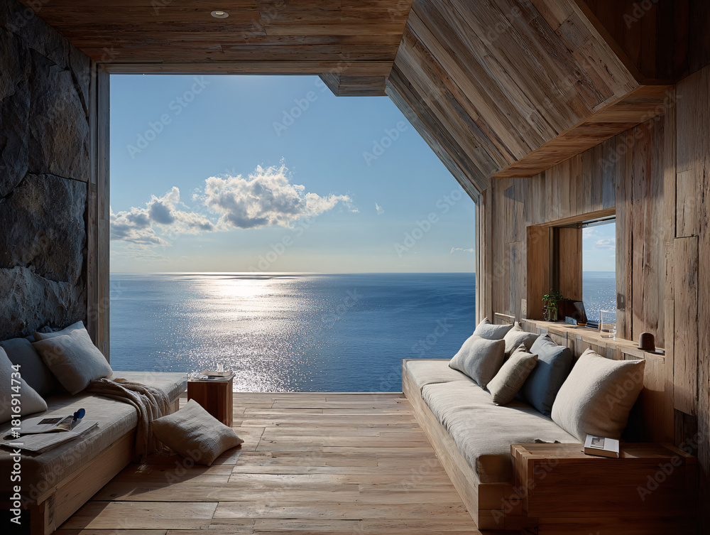 Fototapeta premium indoor space with a view of the ocean. The room features wooden walls and furniture, including a cushioned bench with pillows and a book, and a stone wall to the right