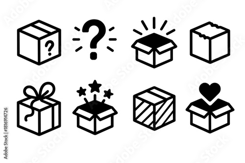 Mystery Package Icons. Surprise Package Icons linear icon set. mystery box, question mark glow, burst of light, torn paper edge, ribbon curl, stars flying out, wrapping texture