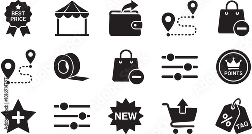 Comprehensive set of black silhouette ecommerce and shopping icons for online retail, payment, delivery, and marketing