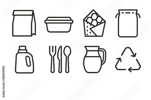 Eco-Friendly Essentials Icons. Plastic-Free Essentials linear icon set: paper packaging, reusable container, beeswax wrap, fabric pouch, eco detergent, bamboo cutlery, water jug
