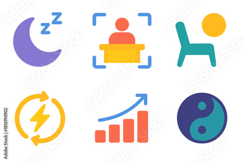 Vibrant Routine Icons. Personal Rhythms Set flat icon set: sleep icon, focus block, rest break, energy cycle, routine steps, balance circle