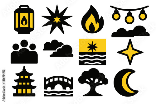 Festival of Lights Icons. Festival of Lights silhouette icon set. glowing lantern, spark, flame, string lights, crowd silhouette, night clouds, reflection, star, pagoda, bridge