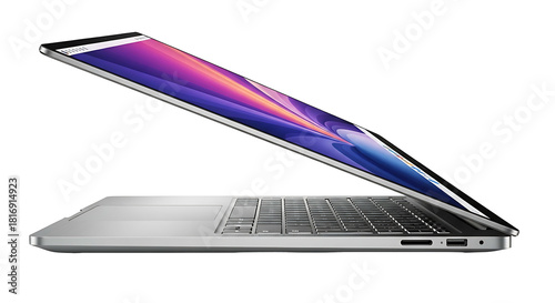 Modern Silver Laptop with Vibrant Screen Display on White Background.