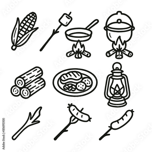 Rustic Campfire Icons. Campfire cooking concept linear icon set: corn, marshmallow stick, pan over fire, pot, wood logs, plate of food, lantern, skewered sausage , rustic