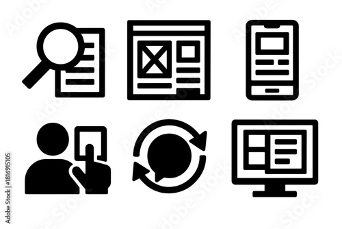 Brutalist UX Icons. UX Design Process silhouette icon set. research phase, wireframe layout, prototype model, user testing, feedback loop, interface design.
