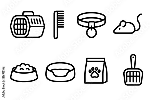 Essential Cat Care Icons. Cat Care linear icon set: cat carrier, grooming comb, collar with tag, cat toy mouse, feeding bowl, cat bed, treat bag, litter scoop