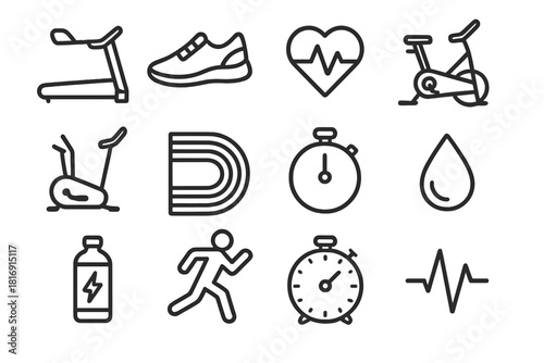 Cardio Workout Icons. Cardio training set linear icon set: treadmill, running shoe, heart rate monitor, cycling bike, elliptical, track lane, stopwatch, sweat droplet, energy drink